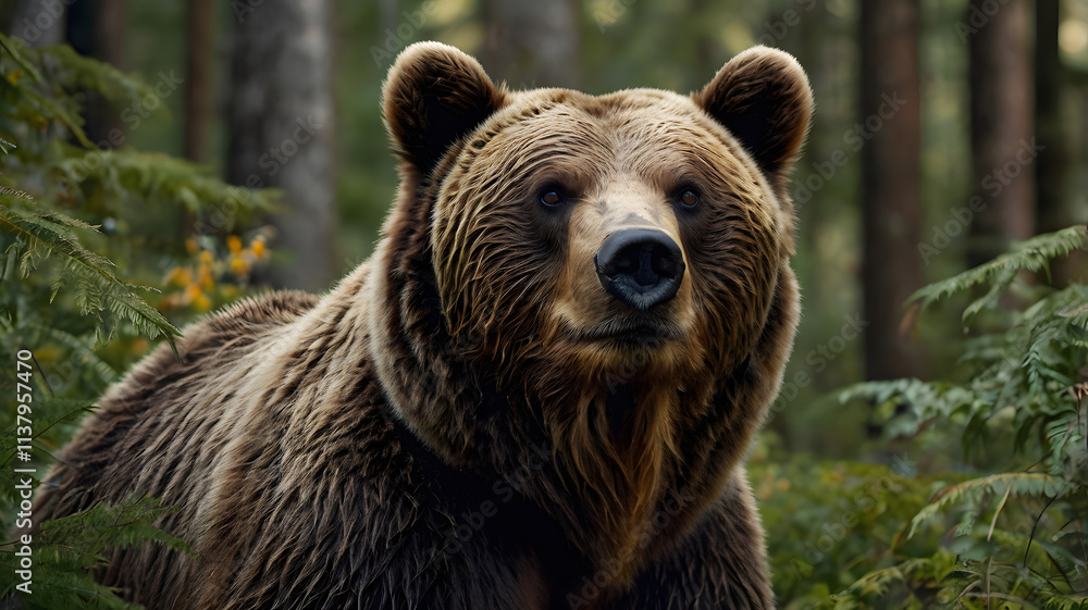 Majestic Brown Bear in the Wild: A powerful brown bear stands majestically in a dense forest, its piercing gaze and imposing presence captivating the viewer. The image evokes a sense of awe, power. Majestic Brown Bear in the Wild: A powerful brown bear stands majestically in a dense forest, its piercing gaze and imposing presence captivating the viewer. The image evokes a sense of awe, power.