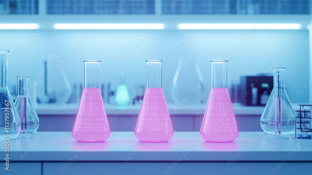 Quantum machines and computing development, A modern laboratory scene featuring three pink liquid-filled flasks on a countertop, illuminated by blue light. Quantum machines and computing development, A modern laboratory scene featuring three pink liquid-filled flasks on a countertop, illuminated by blue light.