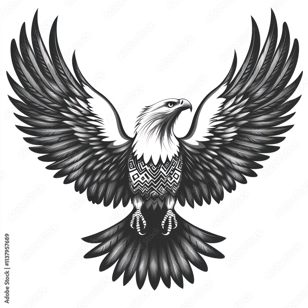 Fototapeta premium Majestic eagle with patterned chest, wings spread wide.