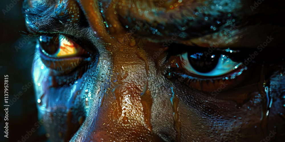 Close-up of Face with Blue and Gold Pigmentation and Water Droplets Close-up of Face with Blue and Gold Pigmentation and Water Droplets