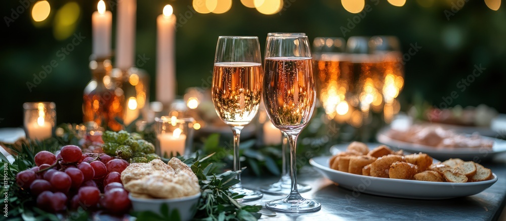 Romantic outdoor dinner party with champagne, candles, and appetizers. Romantic outdoor dinner party with champagne, candles, and appetizers.