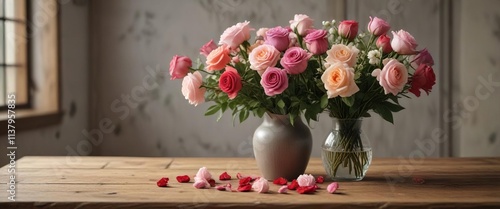 Wallpaper Mural Flowers and roses in a vase on a wooden table, natural, roses, home decor Torontodigital.ca