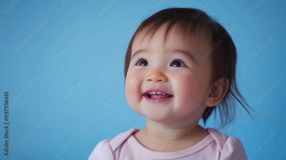 A young baby with short black hair laughs and looks at the camera in front of a blue background. A young baby with short black hair laughs and looks at the camera in front of a blue background.