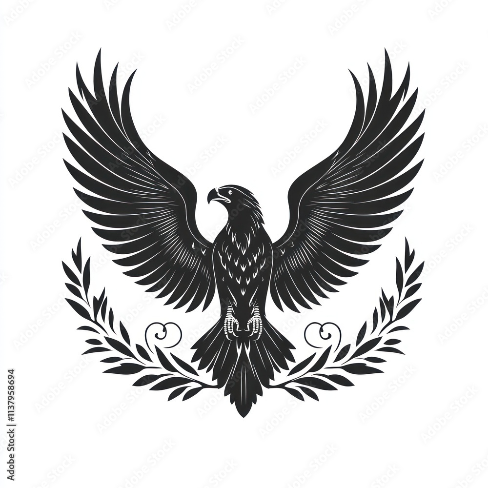 Fototapeta premium Majestic eagle with wings spread, perched atop olive branches.