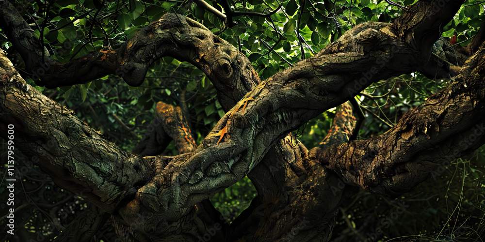 Intertwined Tree Branches with Green Foliage Intertwined Tree Branches with Green Foliage