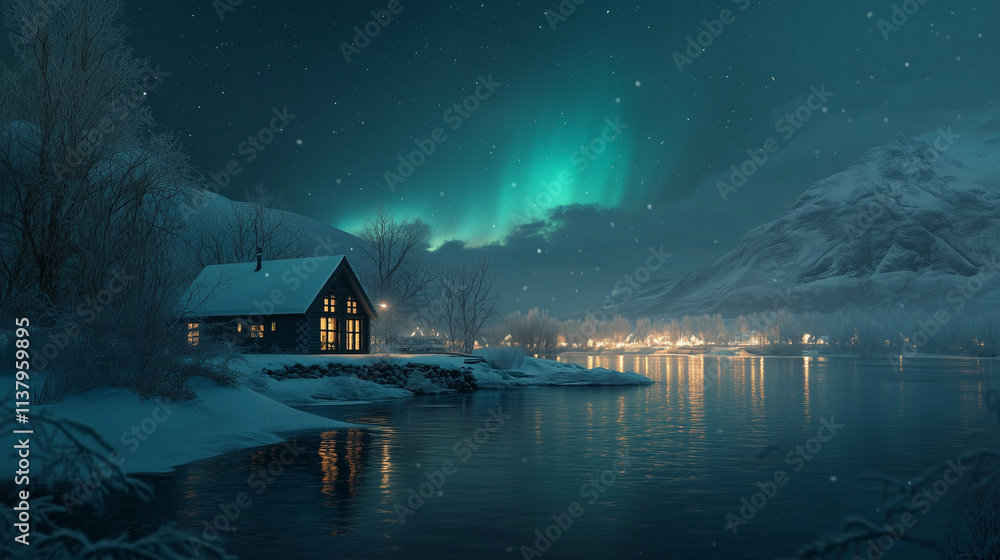 Fototapeta premium A house in the middle of a valley with a beautiful view of the Northern Lights at night.