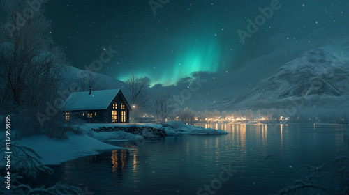 A house in the middle of a valley with a beautiful view of the Northern Lights at night.