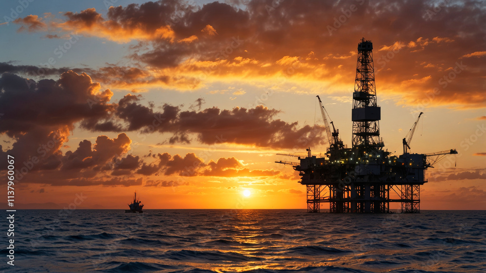An offshore oil rig silhouetted against a vibrant sunset An offshore oil rig silhouetted against a vibrant sunset