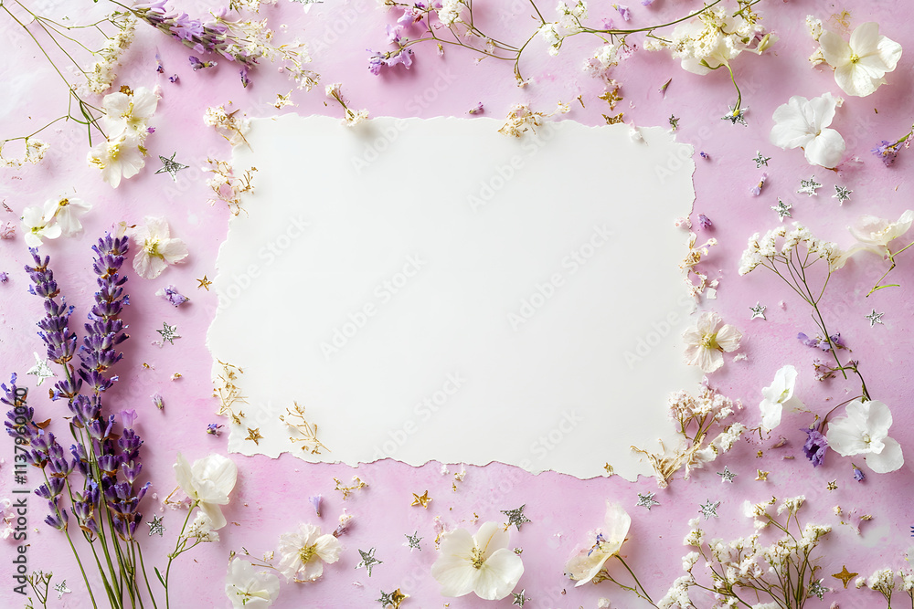 A minimalist pastel background with small, scattered hand-drawn flowers in white and gold, creating a soft and delicate feel. At the center, a blank card space in creamy off-white with uneven A minimalist pastel background with small, scattered hand-drawn flowers in white and gold, creating a soft and delicate feel. At the center, a blank card space in creamy off-white with uneven
