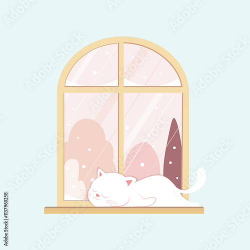 vector , illustration of a white cat sleeping on windowsill in winter time  