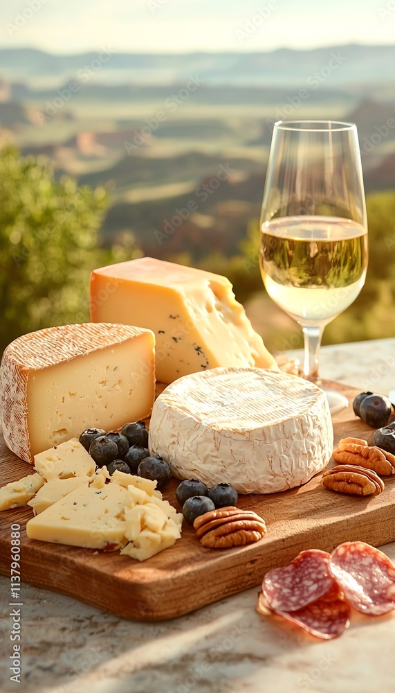 Artfully arranged cheese platter with wine and fresh berries, set in a scenic background. Artfully arranged cheese platter with wine and fresh berries, set in a scenic background.