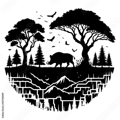 Vector silhouette of a piece of land with trees and wild boar on a white background. Symbol of nature and planet photo