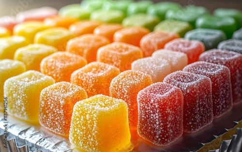 A colorful array of gummy candies arranged in rows, showcasing vibrant flavors and textures.