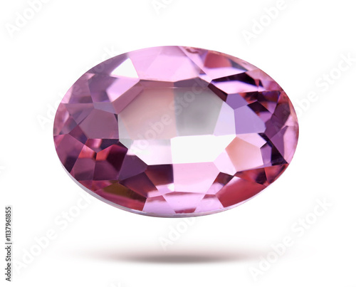 Pink shiny gemstone in air on white background photo