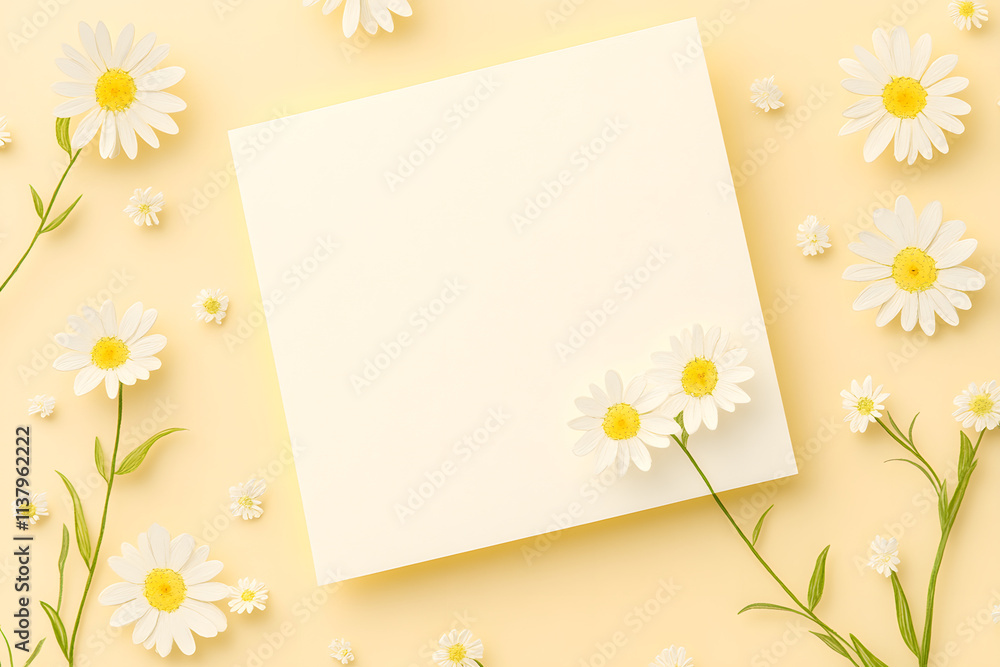 A minimalist pastel background with small, scattered hand-drawn flowers in white and gold, creating a soft and delicate feel. At the center, a blank card space in creamy off-white with uneven A minimalist pastel background with small, scattered hand-drawn flowers in white and gold, creating a soft and delicate feel. At the center, a blank card space in creamy off-white with uneven