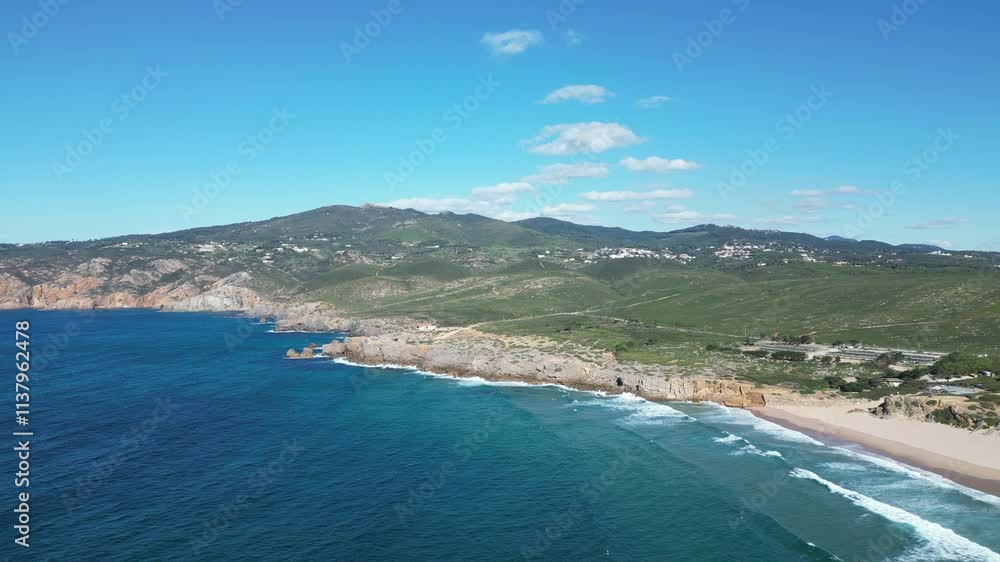 Drone shot of Guincho beach in Cascais, Portugal Drone shot of Guincho beach in Cascais, Portugal