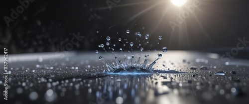 Corona virus droplets disappearing from a flat surface after being sprayed with disinfectant spray and exposed to UV light, viral infection control, germ elimination, microbe destruction photo