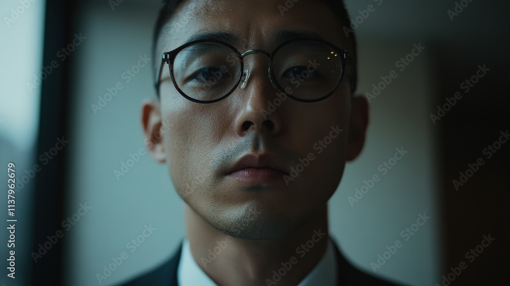 Fototapeta premium Middle-aged Asian businessman exudes confidence in modern office setting during late afternoon meeting