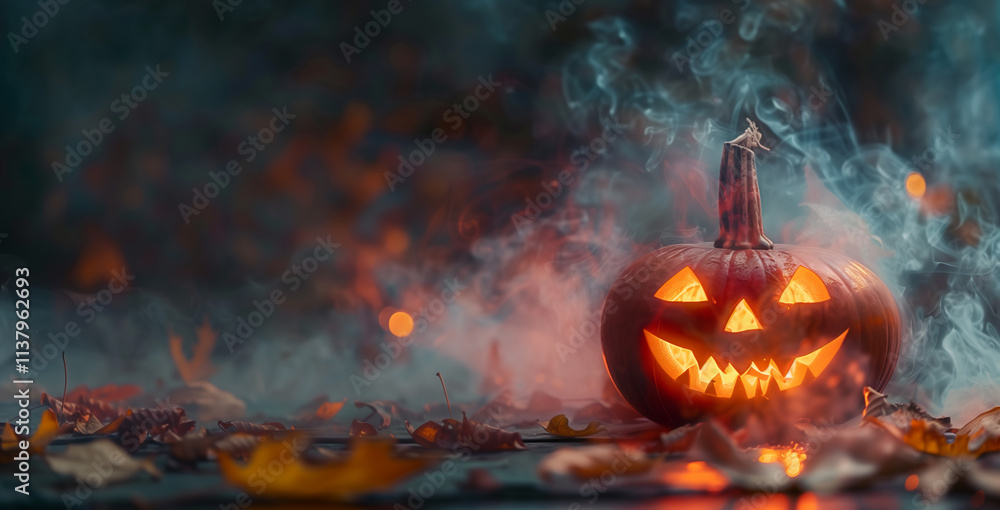 Fototapeta premium Halloween pumpkin with burning light on wooden table in dark room, emitting smoke with highly detailed foliage.