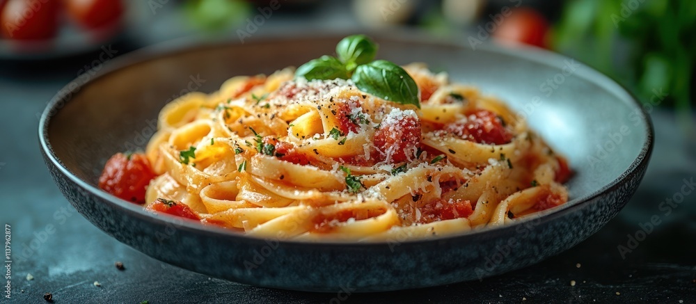 Delicious pasta dish with tomato sauce, basil, and parmesan cheese. Delicious pasta dish with tomato sauce, basil, and parmesan cheese.