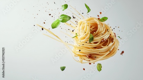 Delicious Flying Spaghetti with Basil and Pepper.