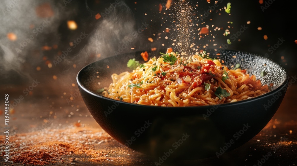 Steaming Bowl of Noodles with Spices. Steaming Bowl of Noodles with Spices.