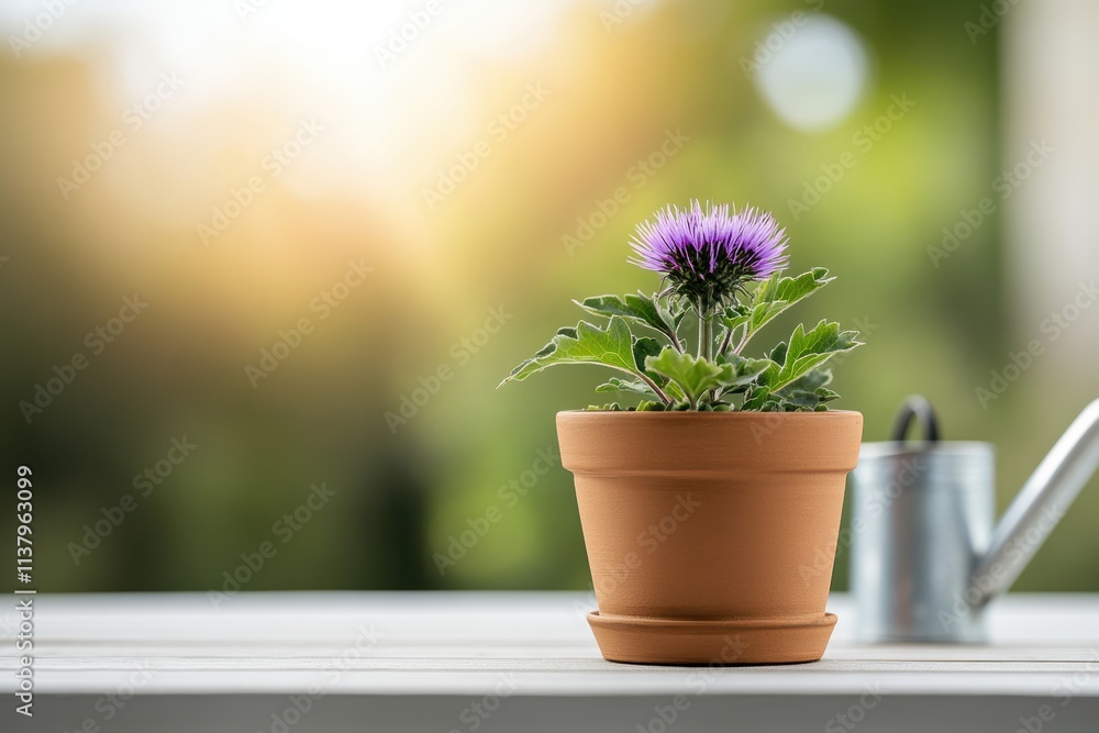 balcony gardening, a thriving milk thistle plant in a clay pot on a sunny balcony, with garden tools and a watering can nearby balcony gardening, a thriving milk thistle plant in a clay pot on a sunny balcony, with garden tools and a watering can nearby