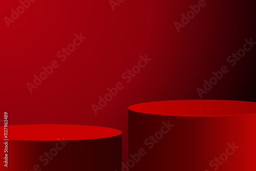 3d red product background, two cylinder pedestal podium, mock up for product display, stage for presentation, vector illustration design for display cosmetic or beauty product.