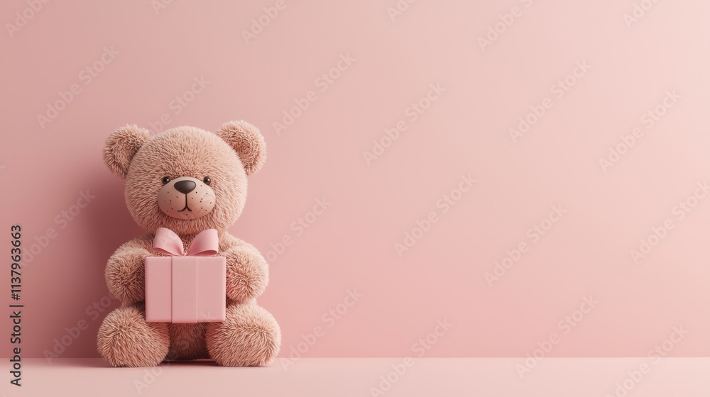 Soft teddy bear holding a gift against a pastel pink background. Soft teddy bear holding a gift against a pastel pink background.