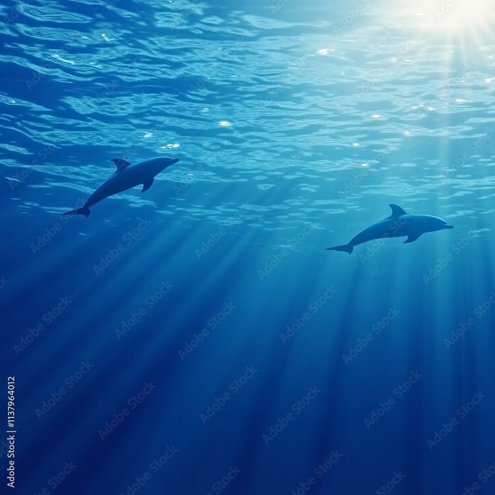 Naklejka premium Dolphins Gracefully Swimming Underwater Sunlight Rays