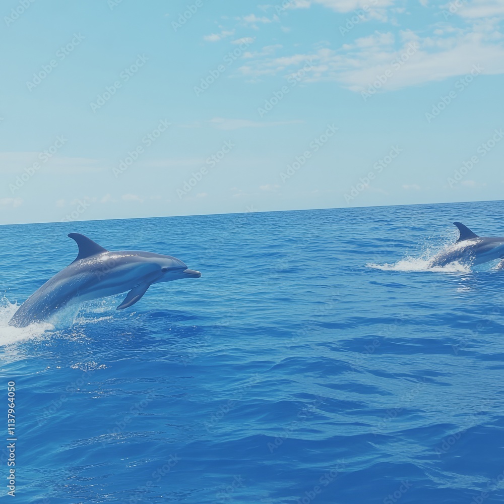 Fototapeta premium Dolphins leaping in the ocean, a vibrant blue seascape