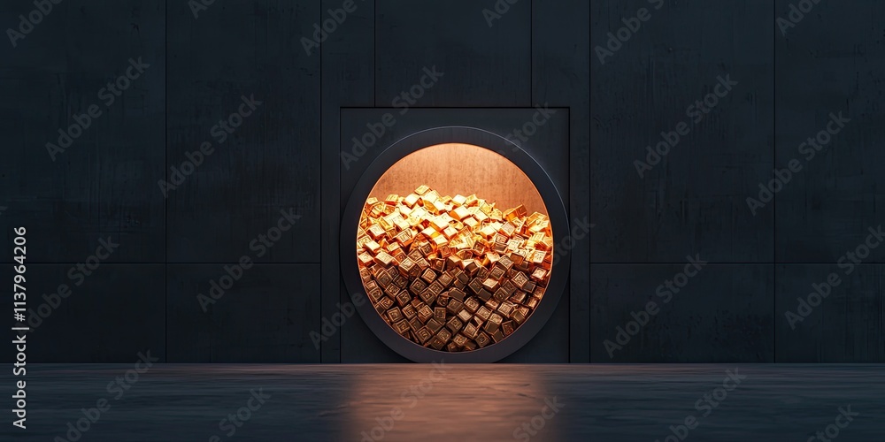 A circular opening reveals a warm glow of gold coins against a dark background. A circular opening reveals a warm glow of gold coins against a dark background.