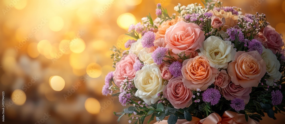 Romantic rose bouquet with pastel flowers against a bokeh background. Romantic rose bouquet with pastel flowers against a bokeh background.