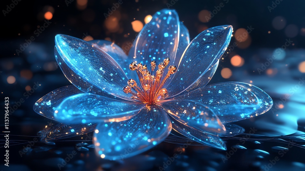 A glowing, iridescent blue flower with a golden center, glowing in the dark. A glowing, iridescent blue flower with a golden center, glowing in the dark.