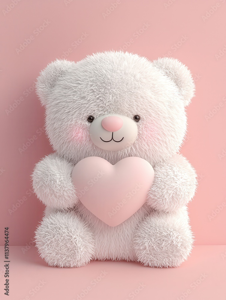 Fluffy teddy bear holding a heart against a soft pink background. Fluffy teddy bear holding a heart against a soft pink background.