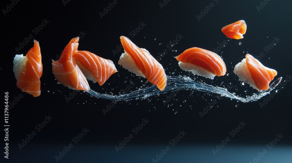 Salmon Sushi Pieces Flying Through Water Splash. Salmon Sushi Pieces Flying Through Water Splash.