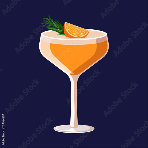 Vector illustration of orange cocktail in coupe glass. Festive drink with orange and spruce branch.