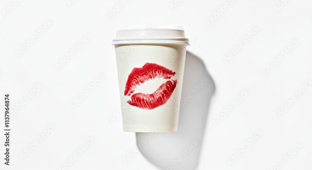 White Coffee Cup with Red Lipstick Kiss Mark Against Minimalist Background White Coffee Cup with Red Lipstick Kiss Mark Against Minimalist Background