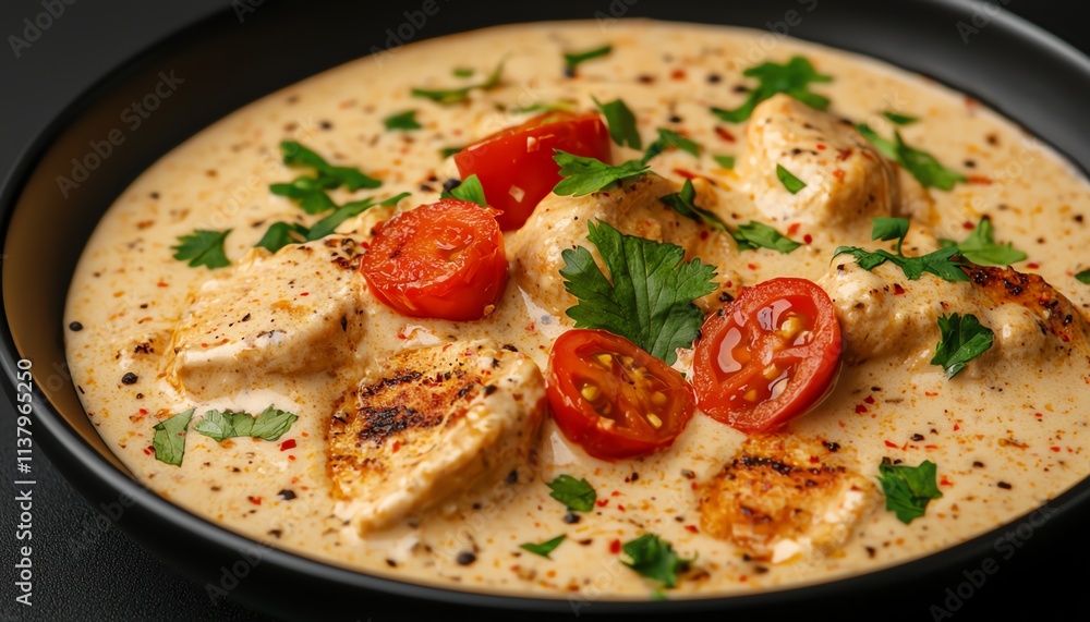 Delicious creamy chicken dish with tomatoes and herbs, black background. Delicious creamy chicken dish with tomatoes and herbs, black background.
