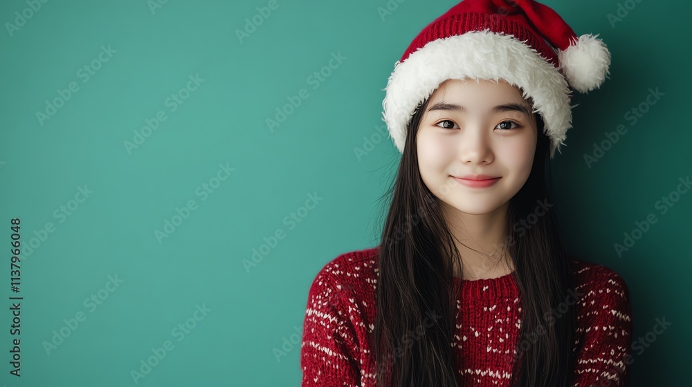 A young girl with long dark hair, wearing a red sweater and Santa hat, smiles at the camera against a green background. A young girl with long dark hair, wearing a red sweater and Santa hat, smiles at the camera against a green background.