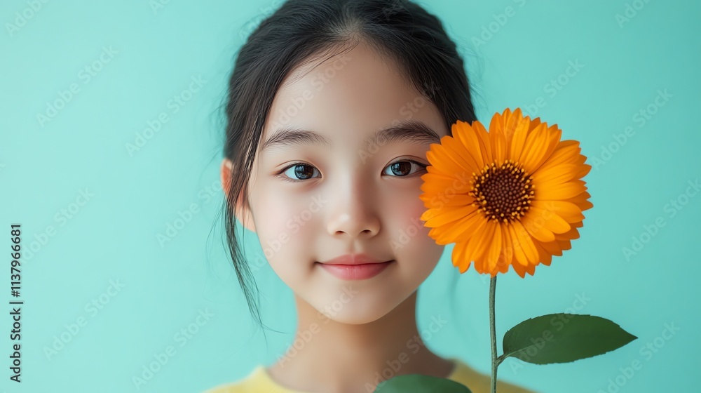 A young girl with dark hair smiles at the camera, holding a yellow flower next to her face. A young girl with dark hair smiles at the camera, holding a yellow flower next to her face.