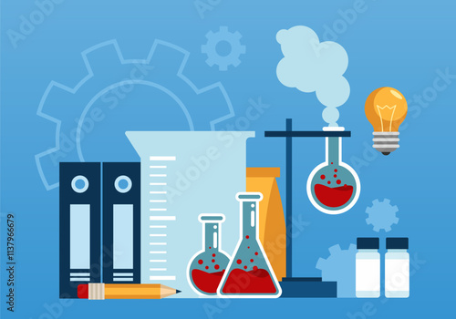 A banner with scientific and medical flasks, a vaccine and other various equipment. Scientific research and laboratory experiments in a flat vector style