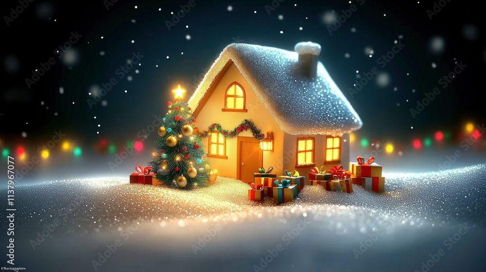 Fototapeta premium Cozy Christmas Cottage Festive Winter Night Scene
