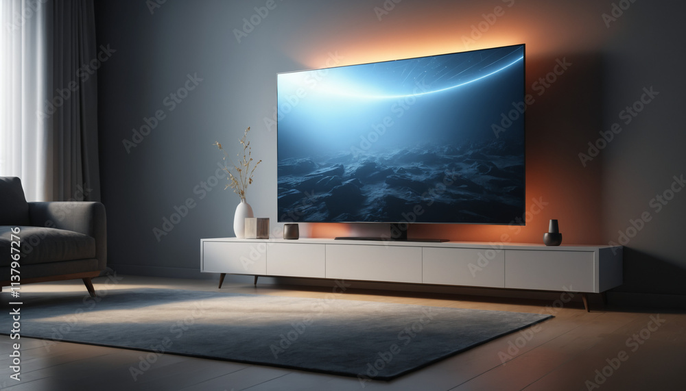 Large 3D TV screen in modern living room with ambient lighting Large 3D TV screen in modern living room with ambient lighting