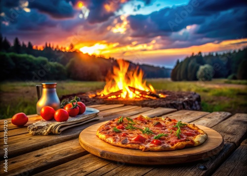Pizza perfection beside a crackling campfire; charred kebab scraps add rustic charm.