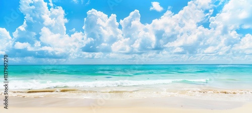 Fototapeta Naklejka Na Ścianę i Meble -  beach with white sand, turquoise ocean and blue sky with clouds horizontal peaceful