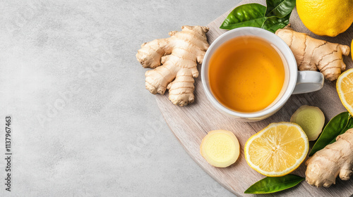 White cup of ginger tea with lemon, honey, and fresh ginger on a wooden tray. photo