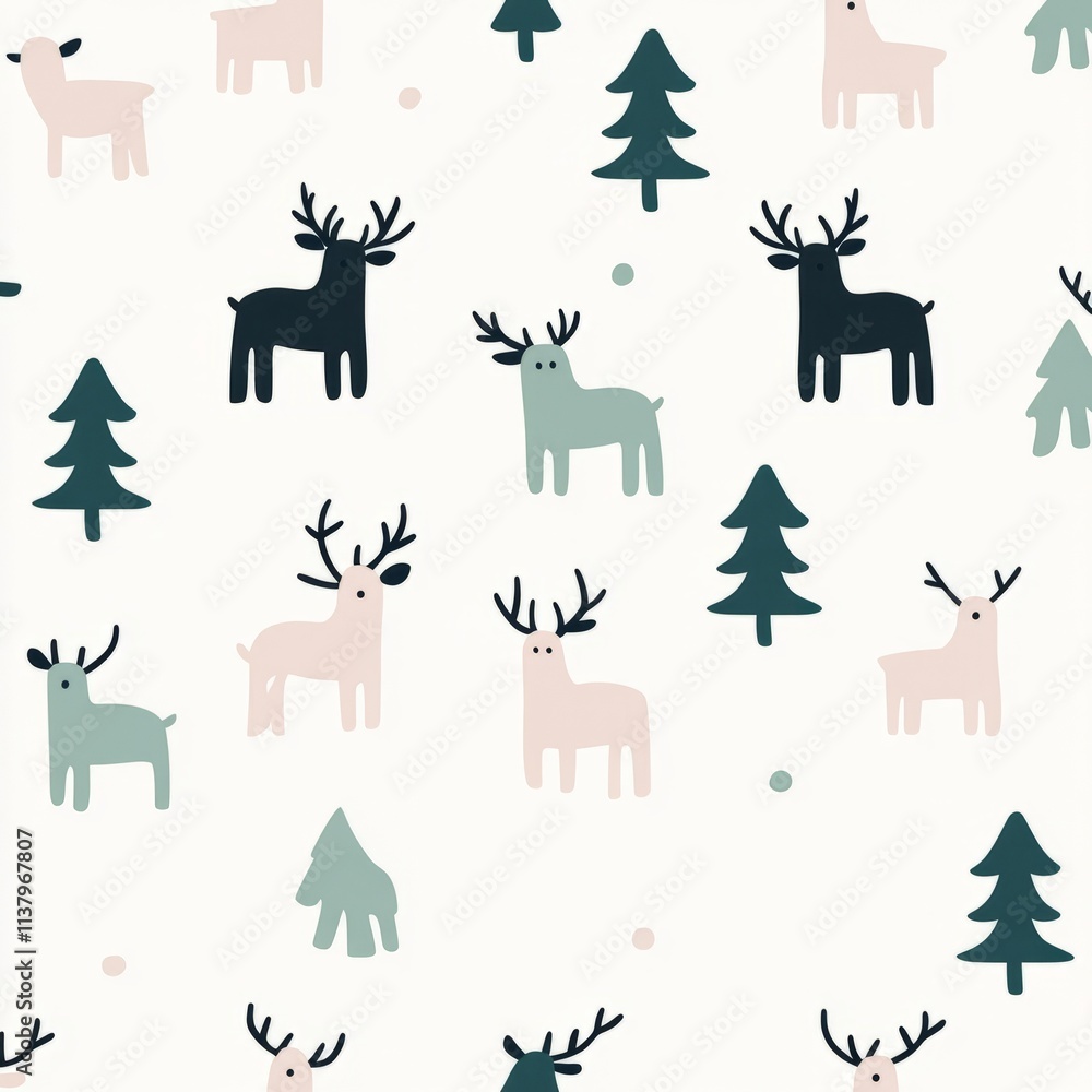 Fototapeta premium Festive Reindeer and Pine Tree Winter Seamless Pattern