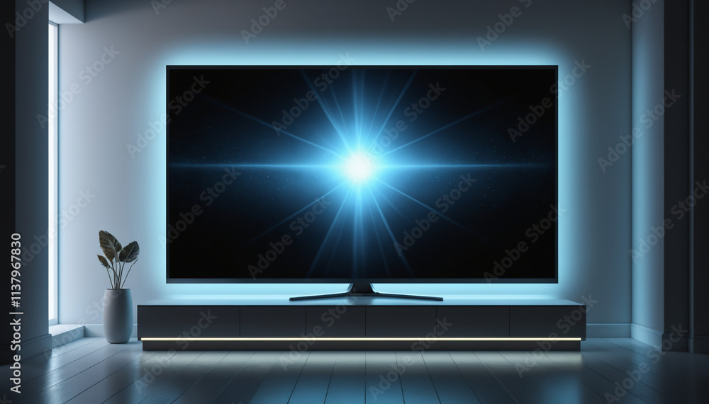 Large 3D TV screen with glowing blue starburst in modern living room Large 3D TV screen with glowing blue starburst in modern living room