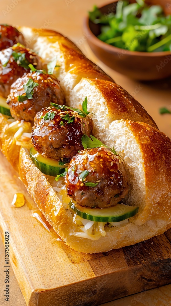 Delicious meatball sandwich topped with fresh herbs and served on a wooden board. Delicious meatball sandwich topped with fresh herbs and served on a wooden board.